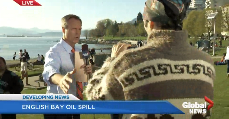 Activist crashes Global B.C.’s live broadcast of English Bay oil spill (VIDEO)